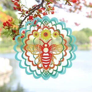 Kinetic 3D Metal Bee Wind Spinner Hanging Ornament for Home and Garden- 12inch